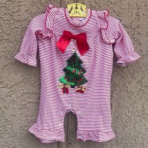 🌈 IRIS & IVY Baby Girl Christmas Tree Holiday Romper  Sz 3/6M Santa Sequins